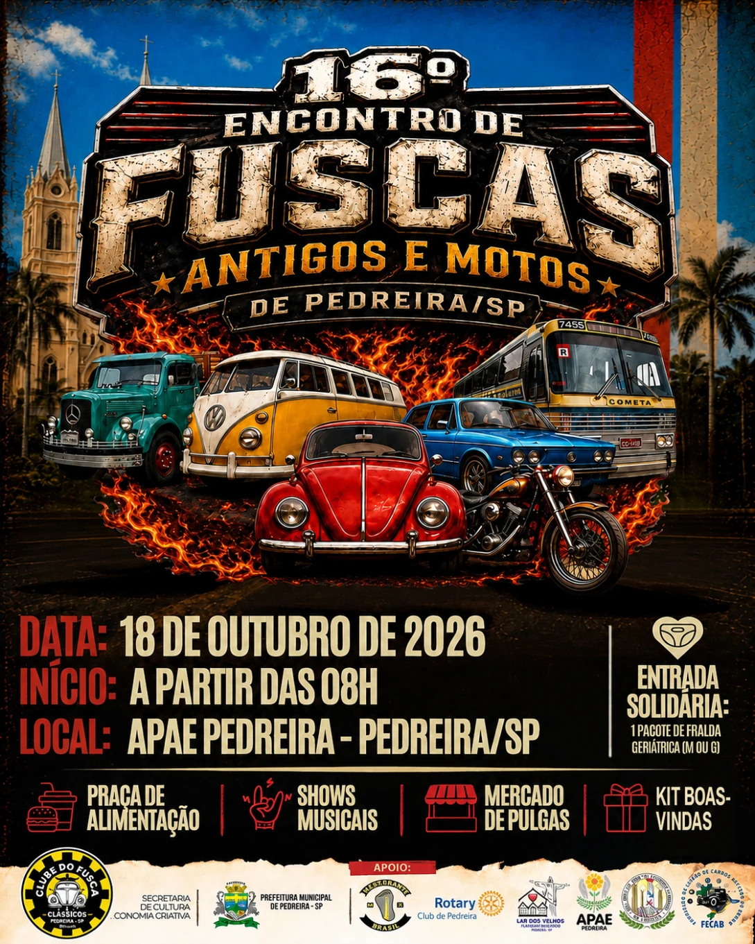 16º Encontro de Fuscas Antigos e Motos de Pedreira/SP — 18 de outubro de 2026, APAE Pedreira